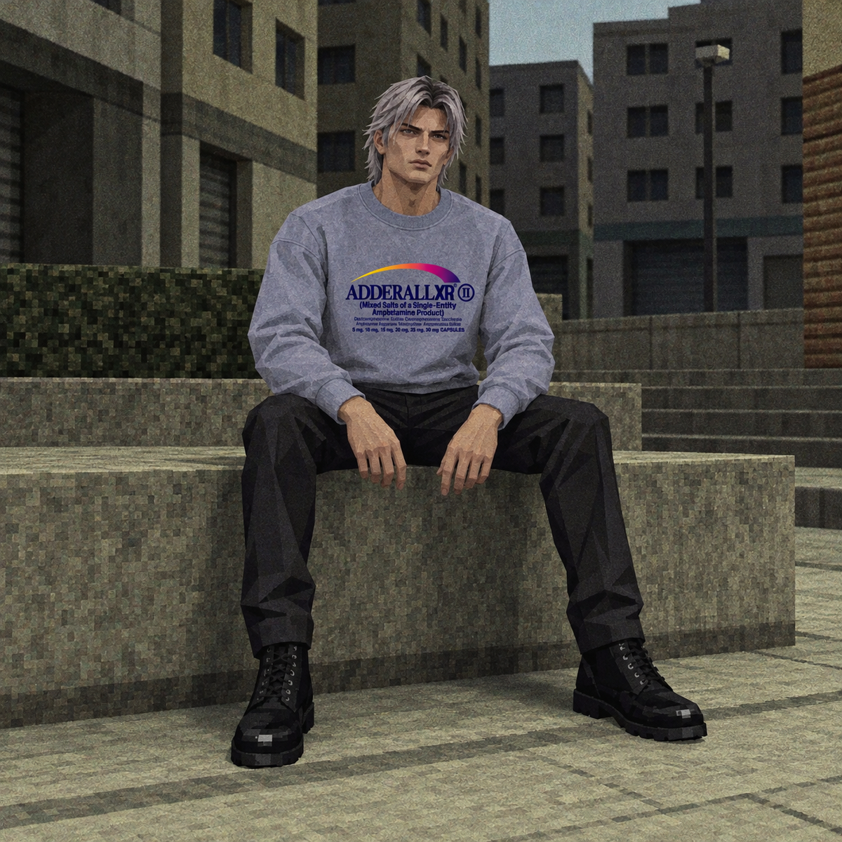 OFF-LABEL character in the ADDXR sweatshirt, seated pose