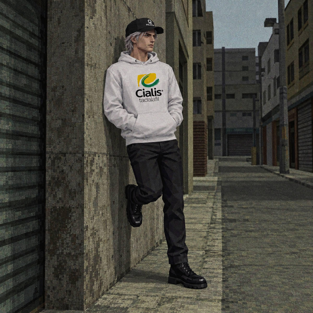 OFF-LABEL character in the white Cialis hoodie, leaning pose